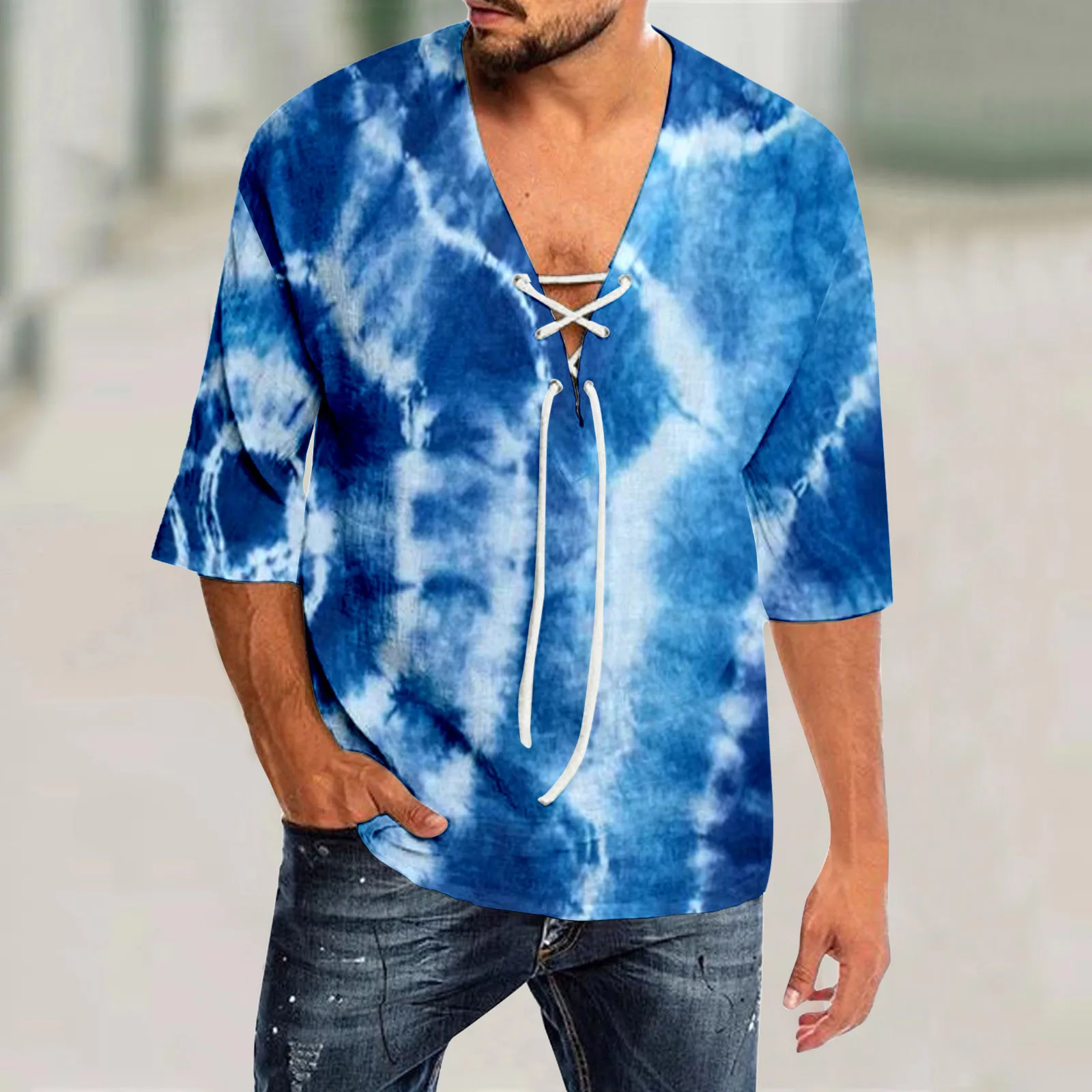 Mens Spring And Summer Casual Tie Dye Print T Shirt Lacing V Neck 3/4 Sleeve Tops simple style Sports All-