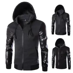 Leather Patchwork Men Jacket Spring Autumn Men Jacket Faux Leather Sleeve Patchwork Slim Fit Windbreaker Men Hoodie Jacket Coat