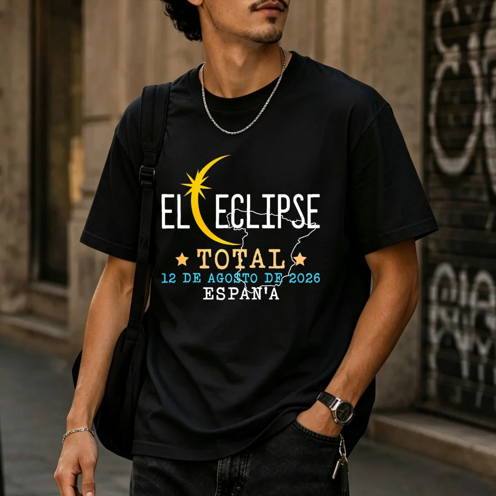 El Eclipse Total 12 De Agosto 2026 Spain Map Crescent Sun Men Cotton T-Shirt Spanish Astronomy Retro Country Graphic  Apparel