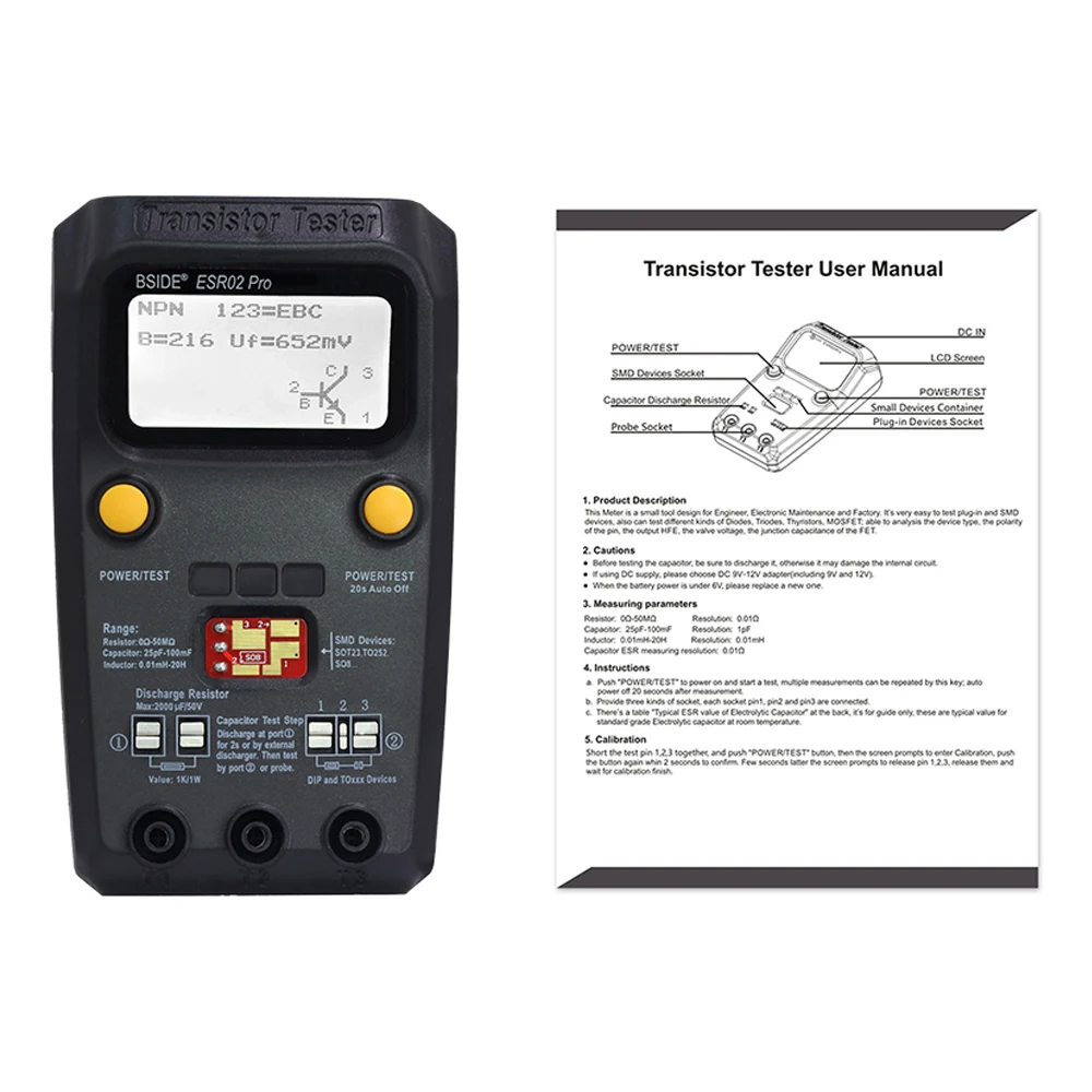 BSIDE ESR02 Pro Transistor Tester Digital Tester Diode Triode Resistor Capacitance Inductance MOSFET NPN PNP Triac MOS Detector