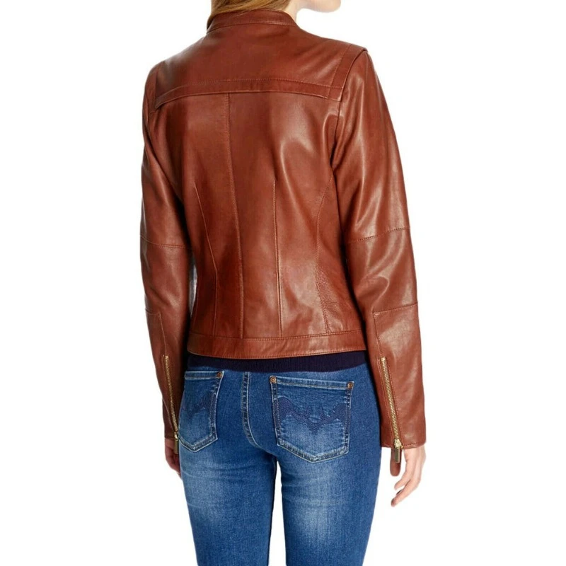 Women Designer Genuine Lambskin Real Leather Jacket Brown Outdoor Biker Coat