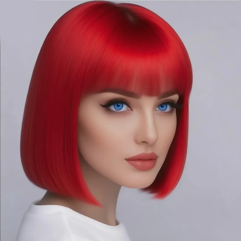 Women's 12 Inch Red Synthetic Wig with Bangs