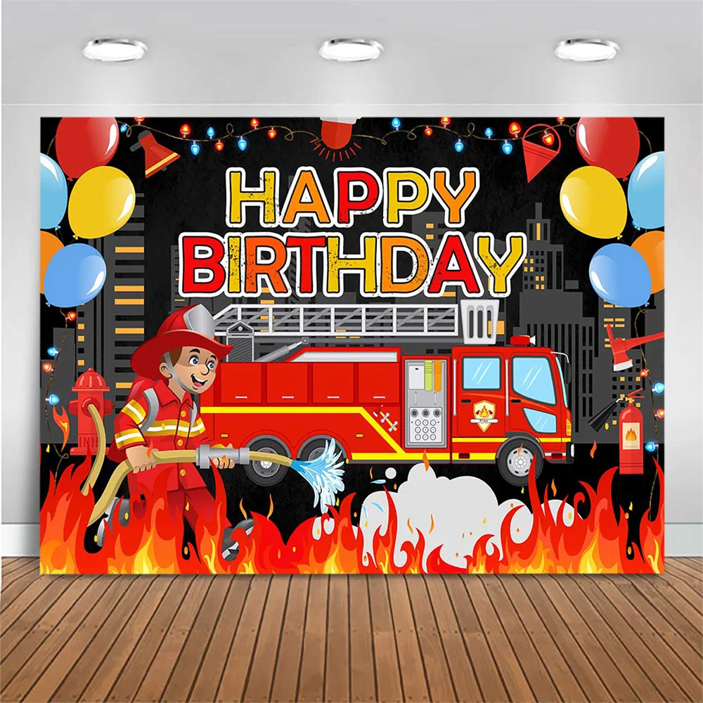 Mocsicka Baby Kids Birthday Backdrop Fire Truck Firefighter Boy's Party Decor Background for Photography Photo Studio Photoshoot