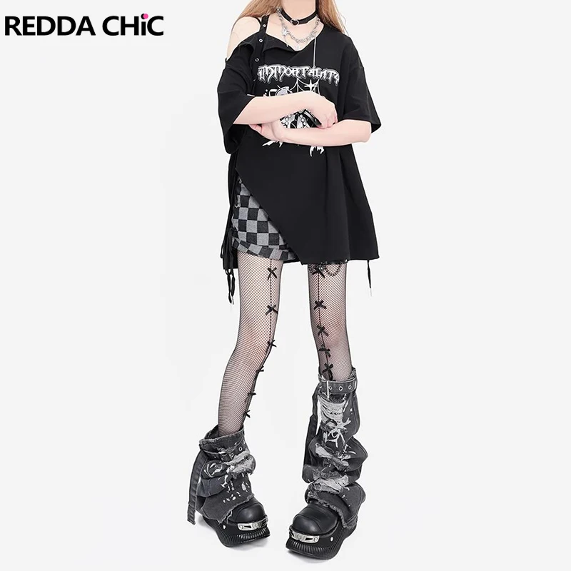 

ReddaChic Belted Silver Glitter Denim Leg Warmers Women Punk Frayed Ripped Hole Knee Long Socks Boots Cover Gothic Retro Clothes