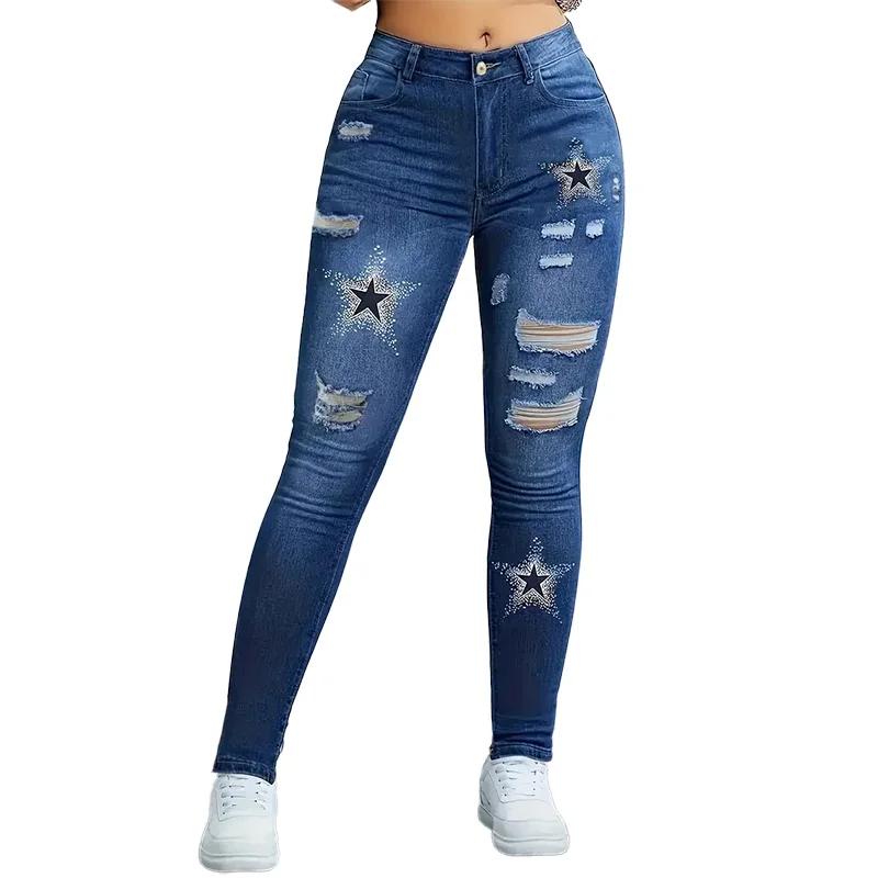 Star Pattern Printed Washed Hole Women\'s High Waisted Stretch Denim Skinny Trousers Fashionable Women\'s Denim Work Clothes