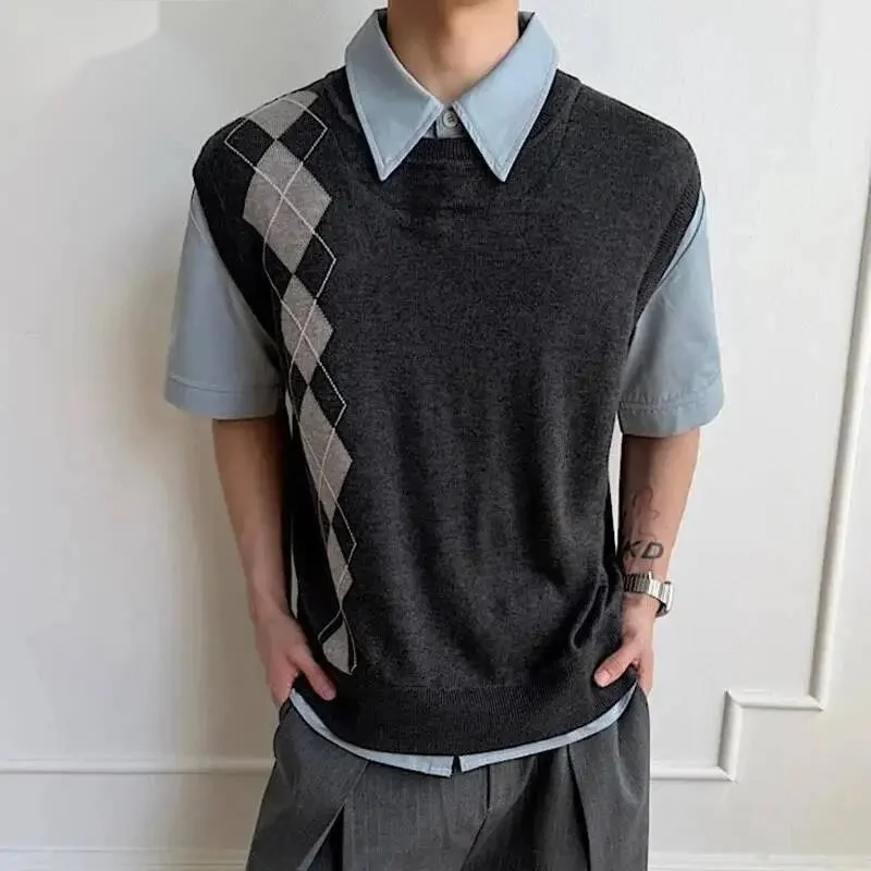 Old Money Style Faux Two Piece Argyle Pattern Knit Short Sleeve Men's T-shirt Summer Fashion Vintage Pullover Tops MHC4