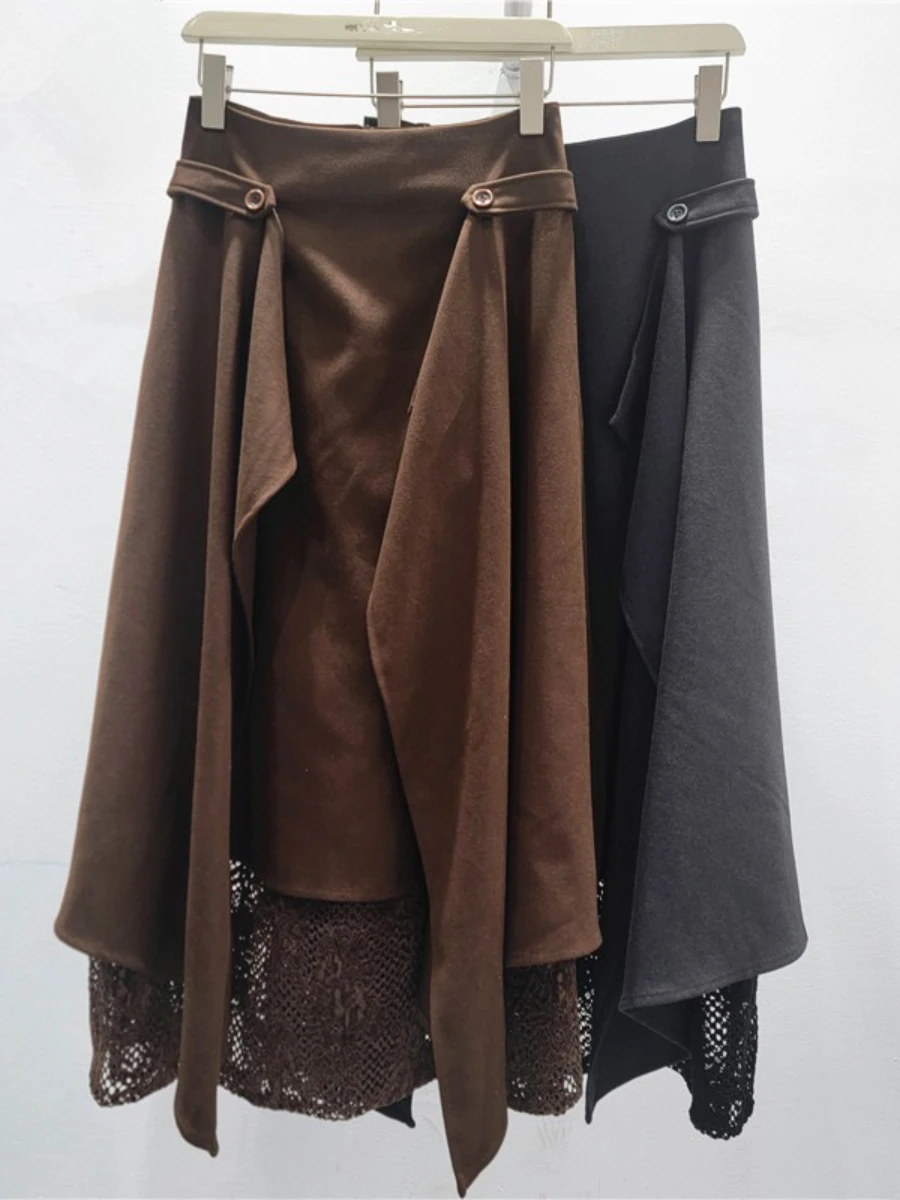 GALCAUR 솔리드 스플라이스 레이스 템퍼먼트 스커트 여성용 하이웨이스트 루즈 엘레강트 불규칙 여성 스커트 가을 패션 스타일 신상