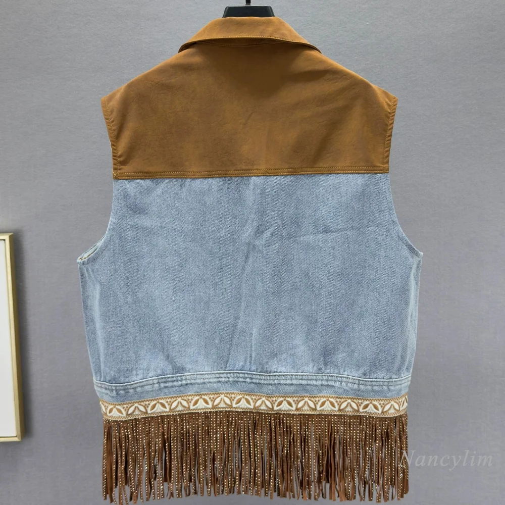 Tassel Hot Diamond Denim Outwear, Women's 2026 Autum New Arrival Loose Slimming Lookins European Distressed Sleeveless Vest view 5