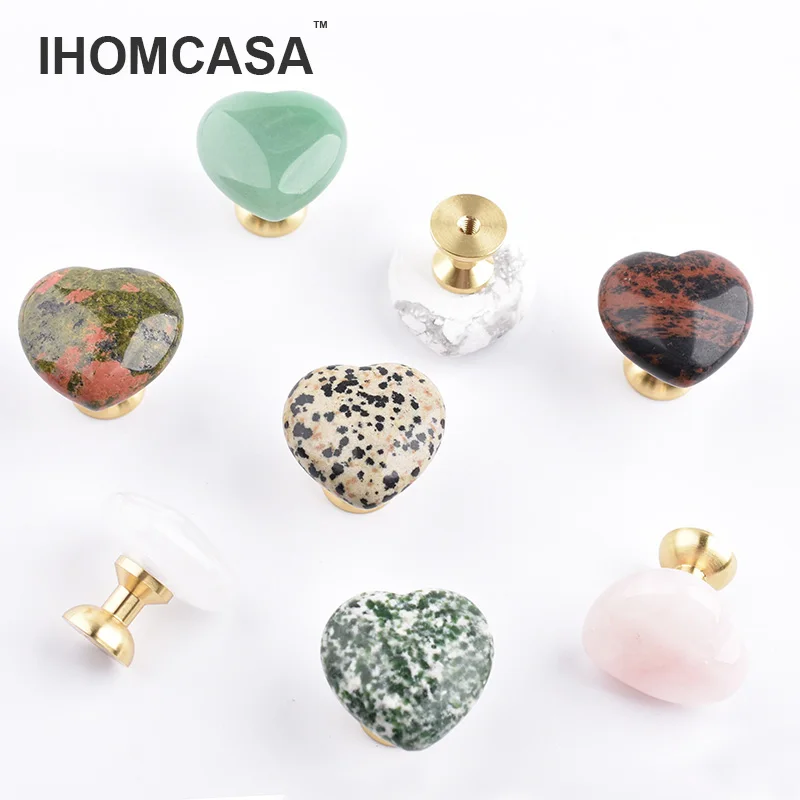 IHOMCASA 30mm Heart Shaped Cabinet Door Knobs Natural Stone Dressing Drawer Handle Gold Brass Wardrobe Furniture Cabinet Pulls