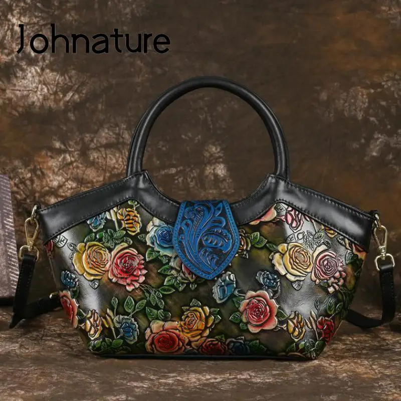 Johnature 2024 New Retro Embossed Handbag Real Cow Leather Women Bag Versatile Hand Painted Color Shoulder & Crossbody Bags