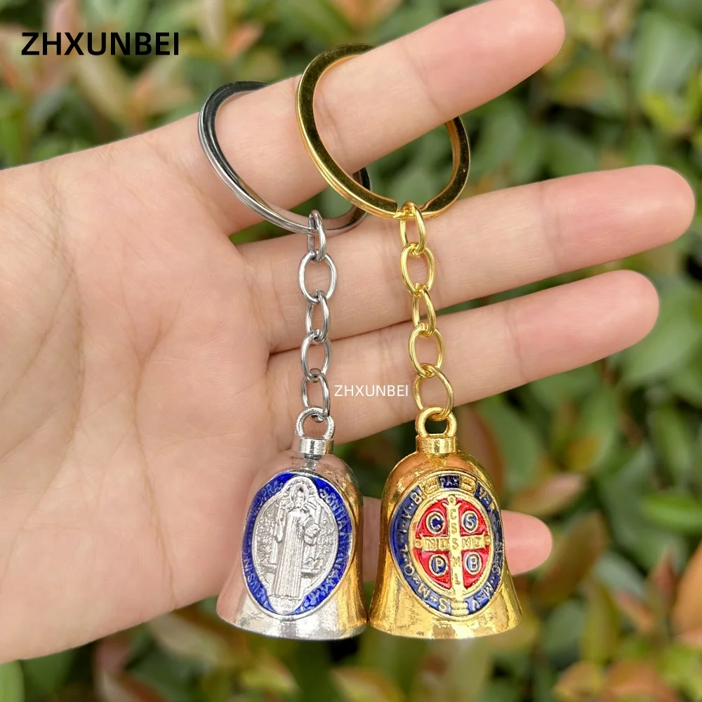 1pc Metal San Benito Keychain Silvery Golden Catholic Religious Keychains Saint Benedict Bell Pendant