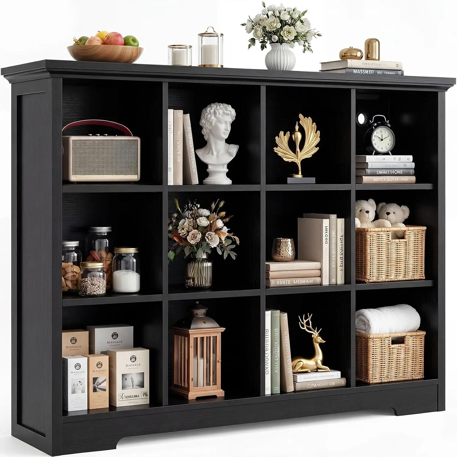 Wooden 12-Cube Storage Organizer With Charging Ports, Modern Cube Bookcase With Base, 4-Tier Floor Standing Open, Customized