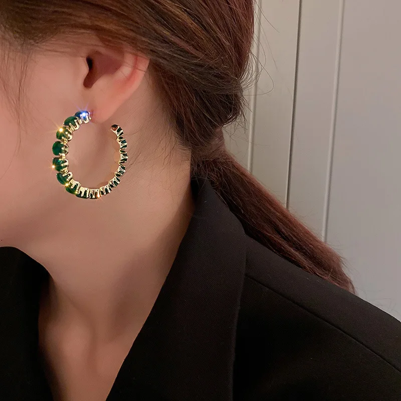 New Luxury High Quality Inlay CZ Hoop Earrings Round Green Zircon Crystal Earring for Women Engagement Party Statement Jewelry