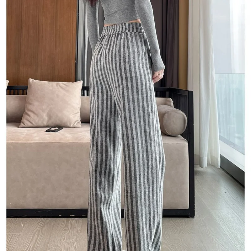 Summer Ice Silk Stripe Wide Leg Pants Women's Elastic High Waist Pockets Patchwork Loose Fashion Thin Straight Casual Trousers