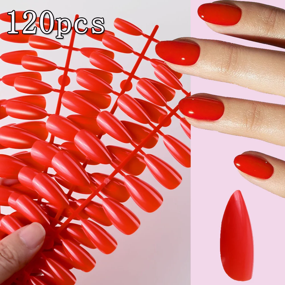 120Pcs/Bag Red Soft Gel Tips Press On Nails Medium Almond Handmade Full Fake Nails Reusable Artificial Round Oval False Nails