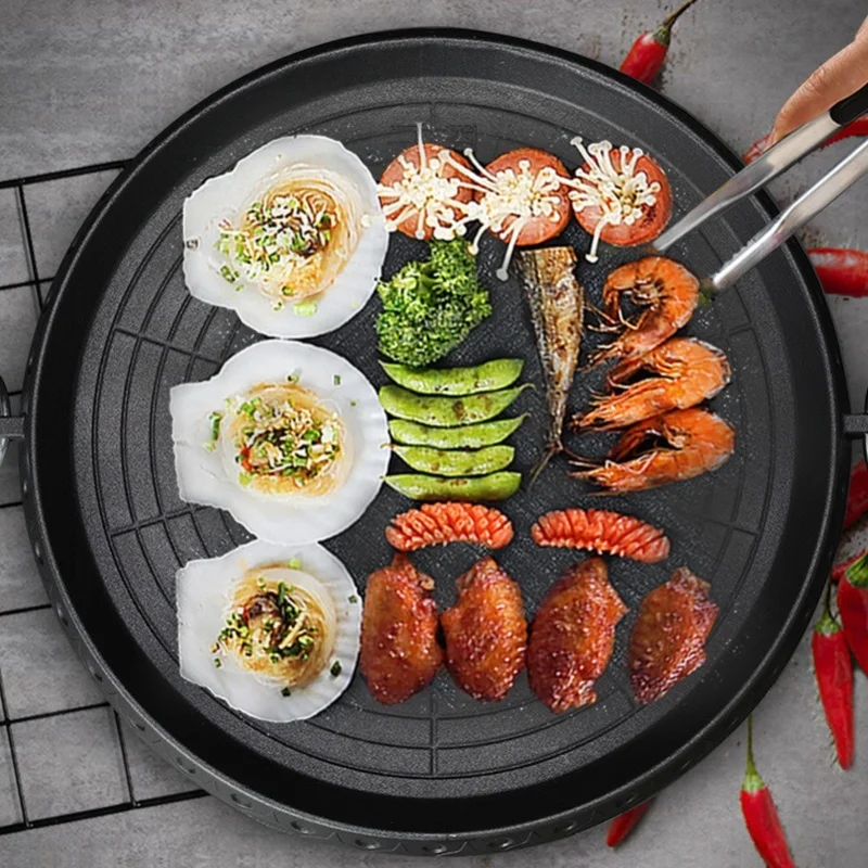 32cm BBQ Plate Oil Hole Design Easy To Clean Heat Evenly Wear Resistant Double Layer Korean BBQ Grill For Home Outdoor