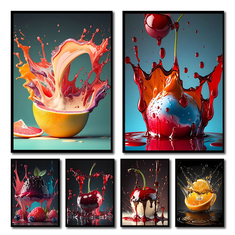 Splash Fresh Fruits Apple Strawberry Oranges Poster and Prints Canvas Painting Wall Pictures Kitchen Dining Room Home Decor