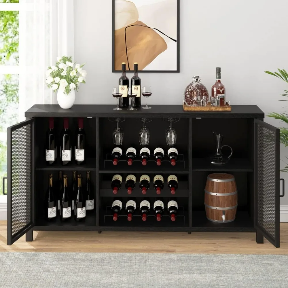 IBF Black Coffee Bar Cabinet, Liquor Cabinet with Wine Rack Storage, Industrial Kitchen Buffet Cabinet for Liquor and Coffee,