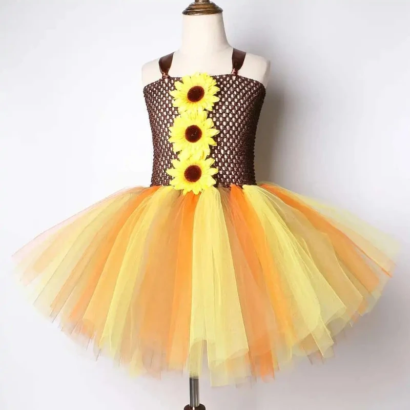 Autumn Sunflowers Tutu Dress for Girls Fall Woodland Fairy Halloween Costumes with Wings Outfit Kids Stage Performance Clothes - view 4