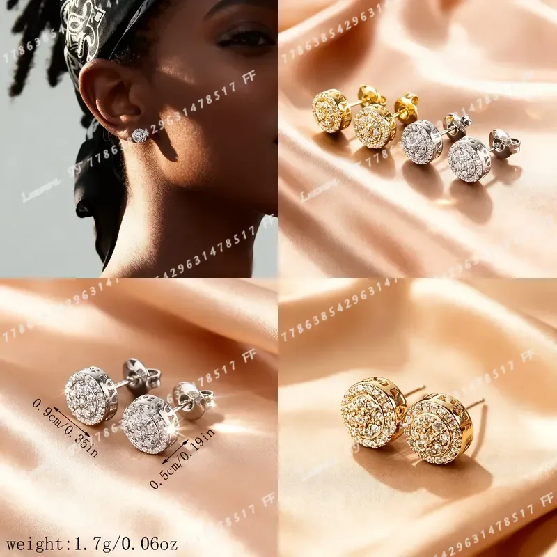 2pcs Hip Hop Synthetic Cubic Zirconia Earrings for Men Women Full Plated Double Layer Gorgeous Super Sparkling Studs