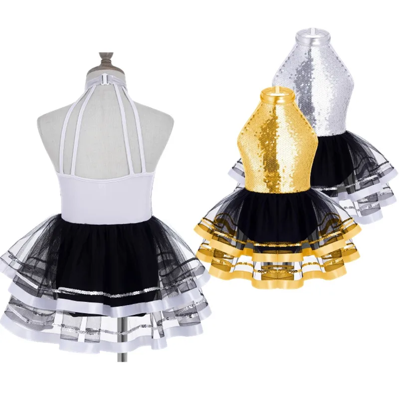 Kinder Mädchen Cheerleading Kostüm Latin Dance Performance Kleid ärmellose funkelnde Pailletten dekoriert Träger Tutu Mesh