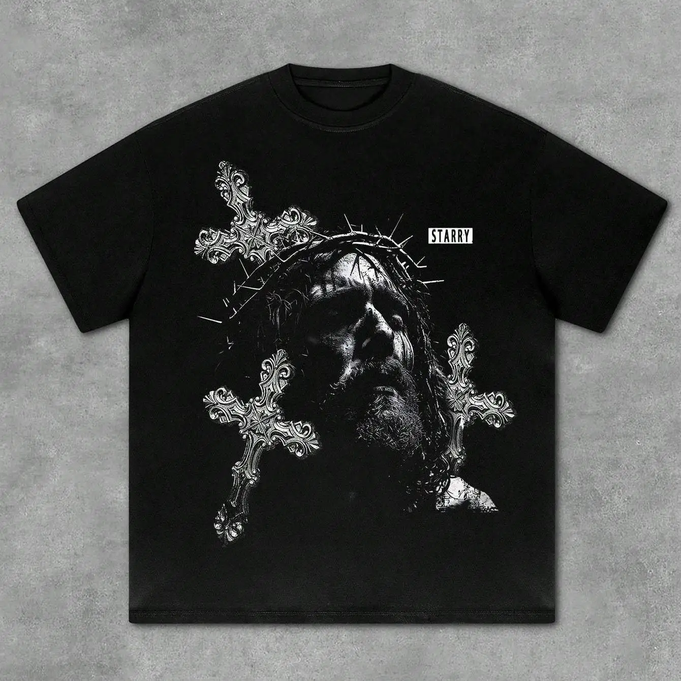 Camiseta Oversized com Estampa Gótica Ornamentada de Cruz, Estilo Streetwear Escuro, Manga Curta para Homens e Mulheres - Coleção Verão 2026