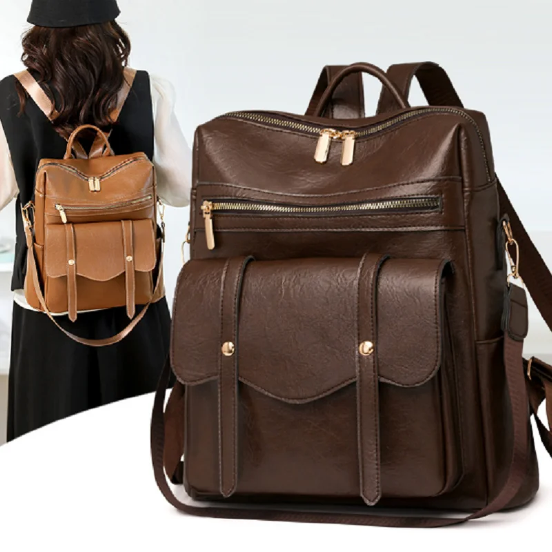 

Новые корейские модные классические дорожные рюкзаки из мягкой кожи, женские сумки на плечо большой емкости с двойной молнией, сумки для ноутбука