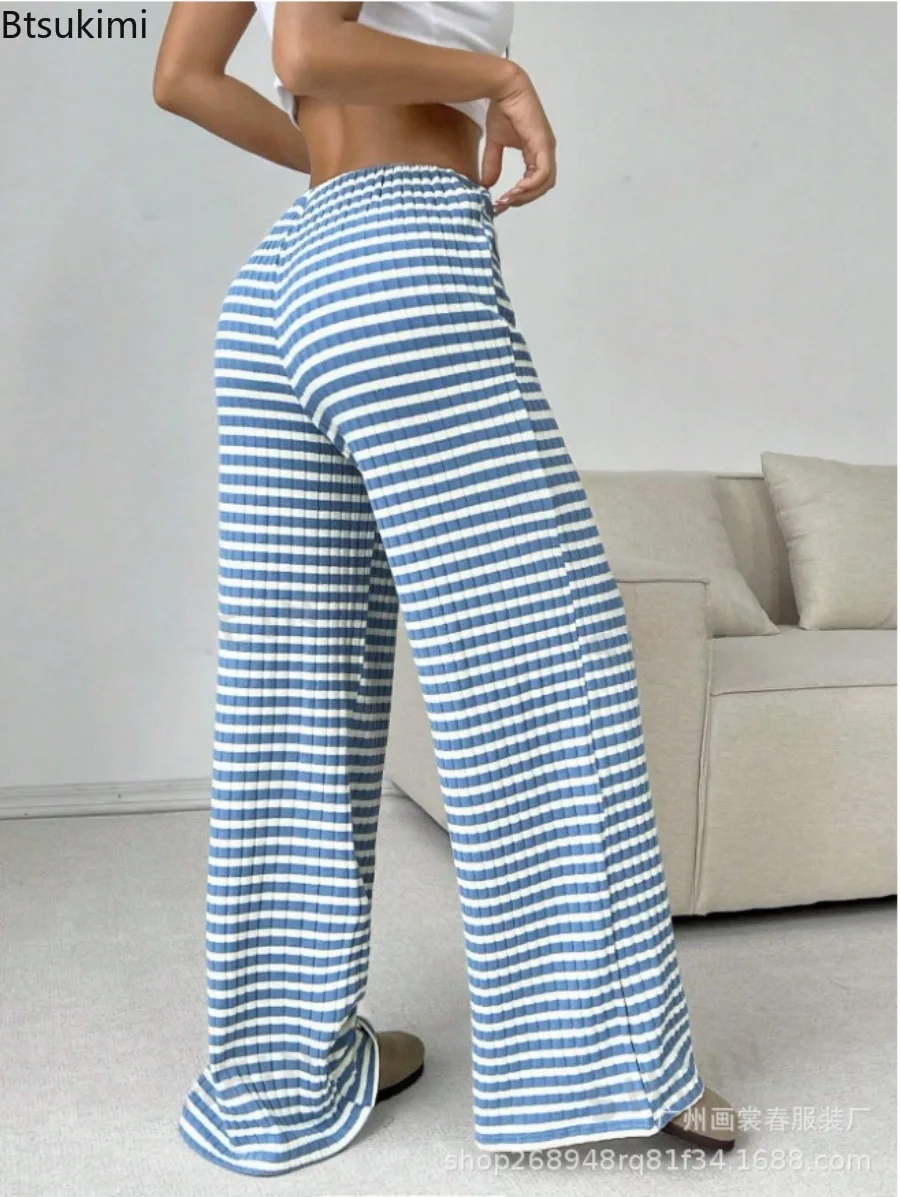 Women's Fashion Casual Striped Elastic Waistband Drawstring Straight Leg Pants Home-based Soft Daily Versatile Comfy Trousers