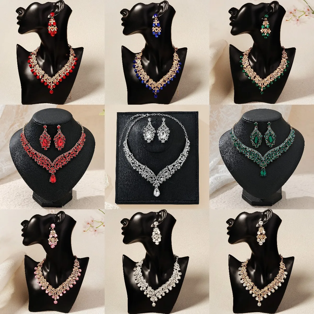 New Luxury Crystal  Choker Necklace Earrings Set Rhinestone Bridal Jewelry Sets for Bride Wedding Party Costume Bijoux Femme