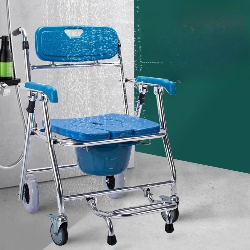 Bedside Commode Chair with Wheel, Transfer Wheelchair for Elderly Disable, Toilet Seat Riser Shower Chairs with Handles Arms