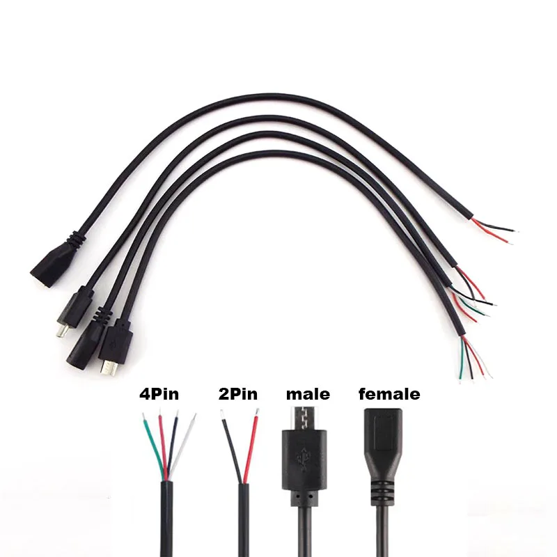 5pcs 30cm DIY Micro USB 2.0 Male Plug Female jack Connector 4 Pin 2 Pin Extension Cable Wire Cord Power Charge Data Transmission