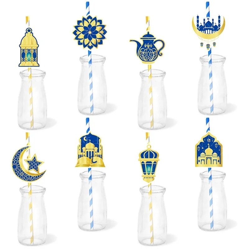8pcs/lot Gold Black Eid Mubarak Iridescent Drinking Paper Straws Cake Topper Ramadan Kareen Mosque Moon Party Decoration DIY New
