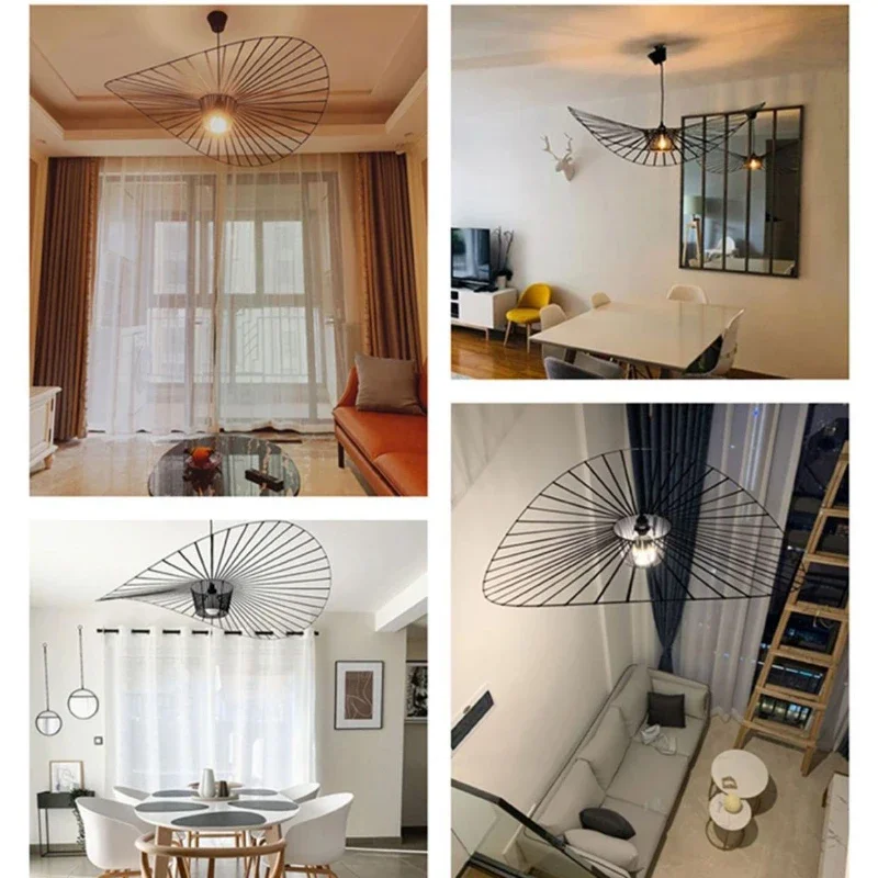 Vintage Hat Pendant Led Lamp Black Rattan Suspension Luminaire Kitchen Hanging Light Living Room Home Decor Ceiling Chandelier