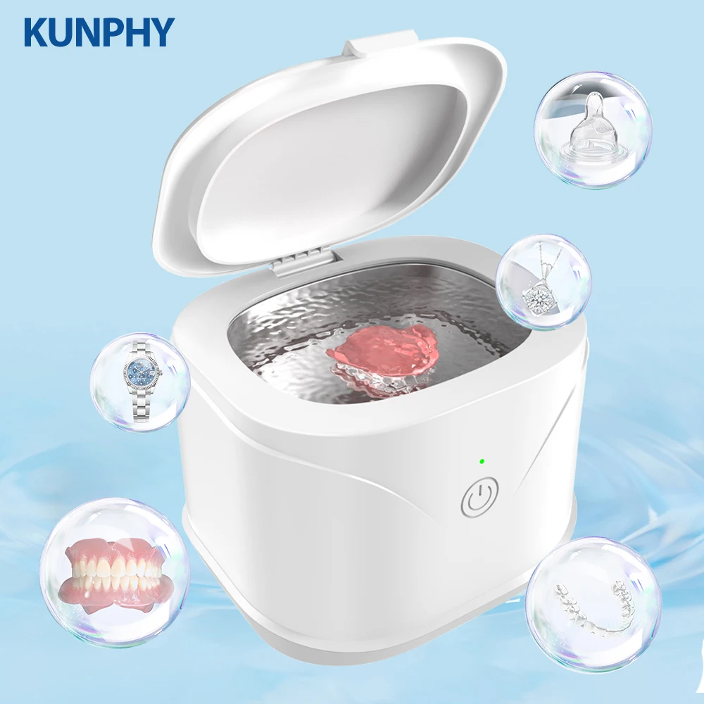 46kHz 초음파 세척기 휴대용 틀니 세척기 틀니 욕조 진동 세척 키트 (보석, 틀니, 교정기용)