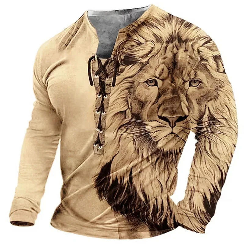 Classic Graphic Print Mens T Shirts 2024 Spring Long Sleeve Drawstring Tie-up V Neck Tops Men Clothes Casual Loose Pullover Tops