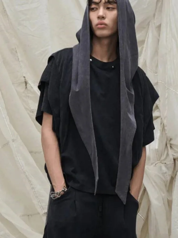 Fashionable Vintage Hooded Shawl T Shirt Men's Patchwork Loose Short Sleeve Tops 2026 Summer New 284FA