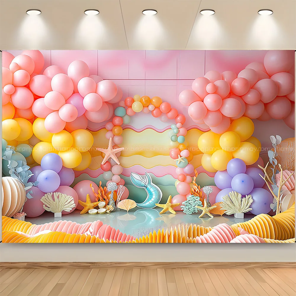 Escena de playa de sirena y estrellas de mar, Fondo de fotografía, decoración de feliz cumpleaños, globos, corona, fiesta, estudio fotográfico, DF-02