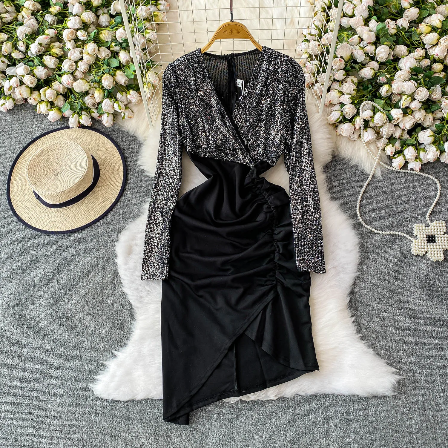 Chic vintage sexy scollo a V incrociato manica lunga slim elegante fata moda coreana Boho vestito estivo abbigliamento donna