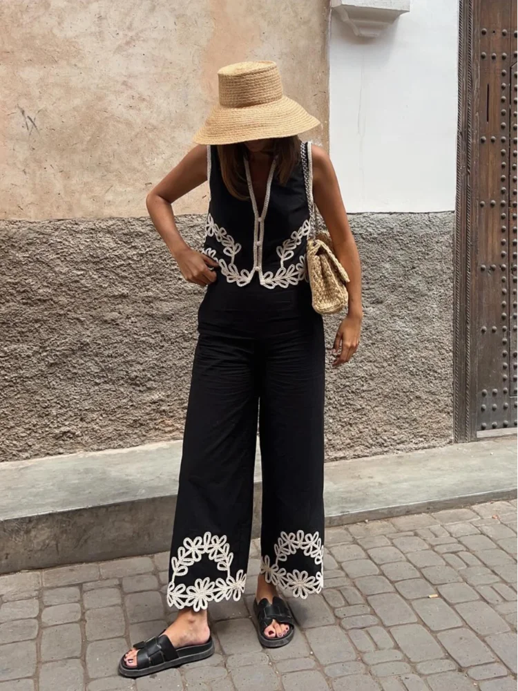 New Fashion Contrasting Printed Crop Vest Pants Suit Elegant Women V Neck Sleeveless Tops Wide Leg Pants Set Chic Female Outfits