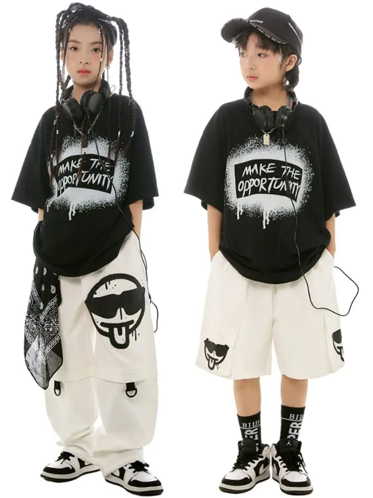 Belle robe de danse de rue pour enfants, tendance, noire, manches courtes, vêtements Hip Hop, marque tendance, robe de danse pour hommes et femmes