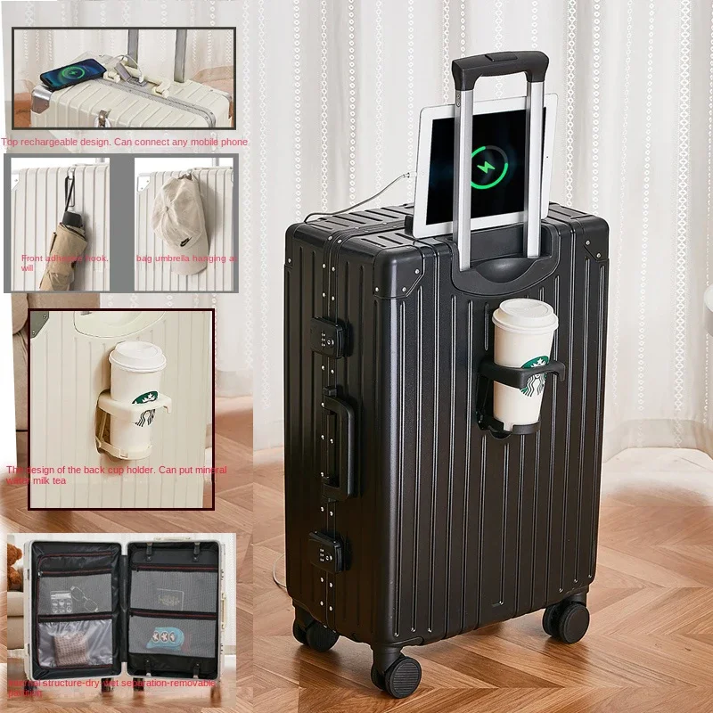 Luggage USB Cup Holder Suitcase Aluminum Frame Unisex Suitcases Travel Carry-on Travel Bag Rolling Luggage Password Trolley Case