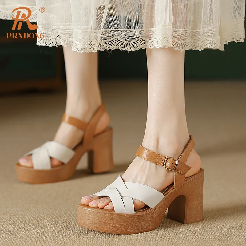 PRXDONG Genuine Leather Shoes Woman Sandals Chunky High Heels Platform Summer Shoes Brown Beige Dress Party Casual Lady 334-39