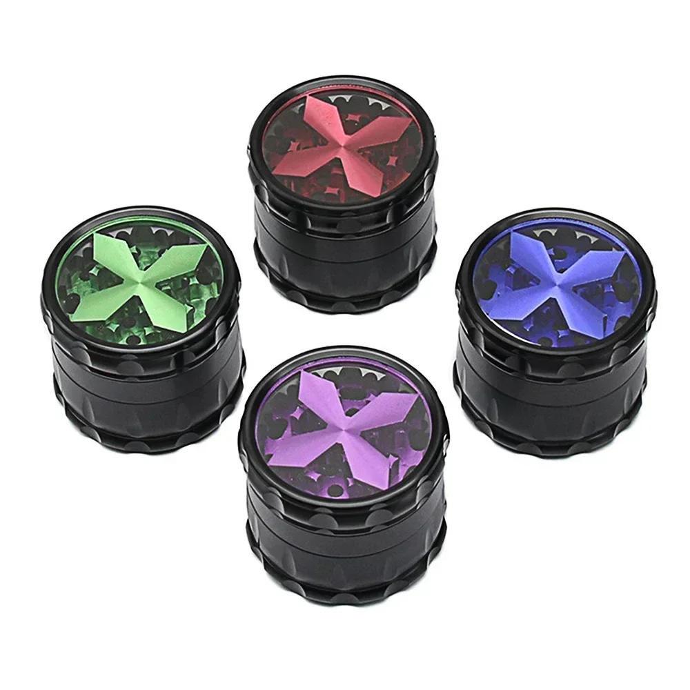 Tobacco Herb Grinder 63MM Cross Window Style Aluminum Alloy 4 Layer with Screen Drum Metal Herb Spice Smoking Crusher