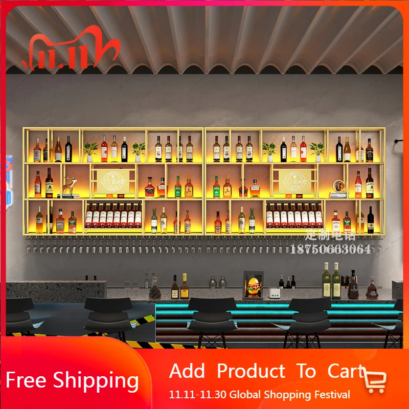 

Display Bar Wine Cabinet Wall Rack Storage Antique Industrial Lighted Liquor Shelves Kitchen Etagere Bar Home Decorations