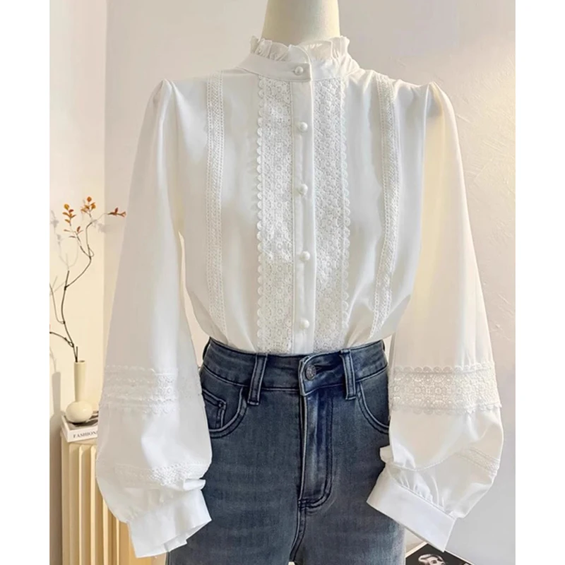 الدانتيل لوحة المرقعة بلوزة بيضاء المرأة كشكش طوق كم طويل قميص أنيق لوليتا صف واحد أزرار Jk بلوزات غير رسمية على الموضة #4