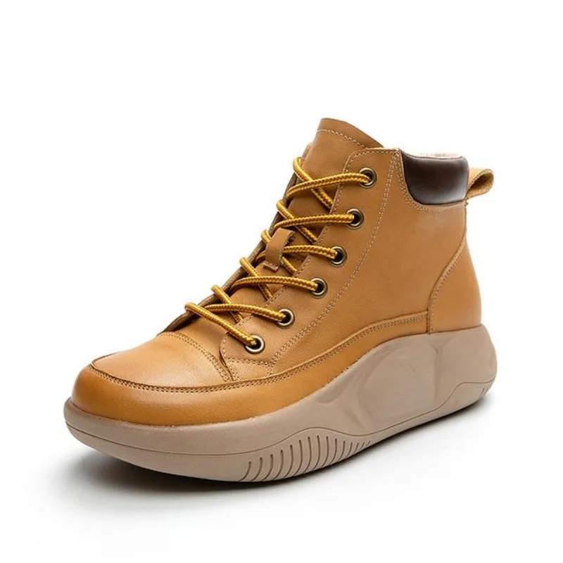 

4CM Genuine Leather Women Warm Causal Fall Autumn Winter Fashion Thick Bottom Lady Platform Wedge Plush Sneakers Shoes