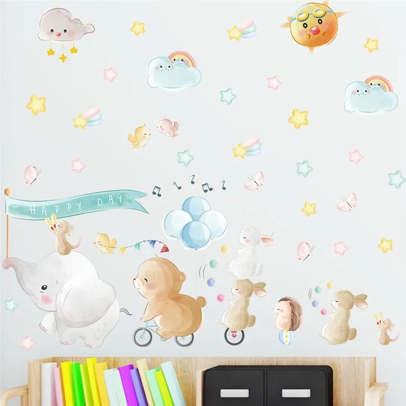 Happy Animals Singing & Riding Wall Sticker For Home Decor Diy Safari Elephant Rabbit Mural Art Kids Room Decal Pvc Posters