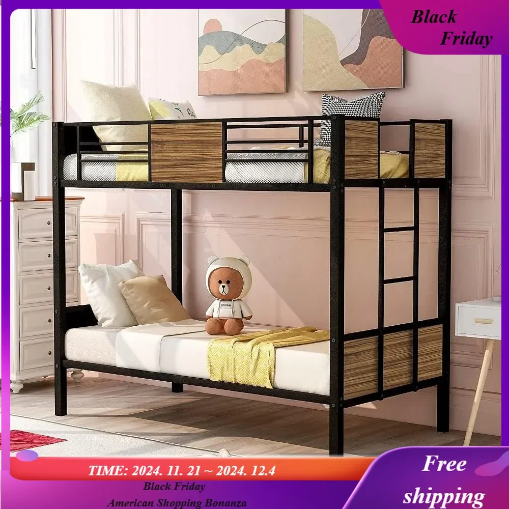 Modern Style Twin-Over-Twin bunk Bed, Steel bunk Bed Frame with Safety Rail, Built-in Ladder. Suitable for bedrooms, Dormitories