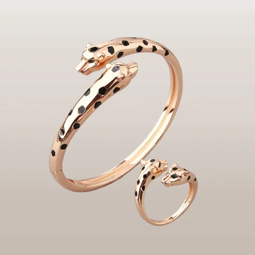 Size 17cm Slim Smooth Double Black Leopard Cuff Bangles Bracelets Panther Jewelry Set for Women Party Gifts
