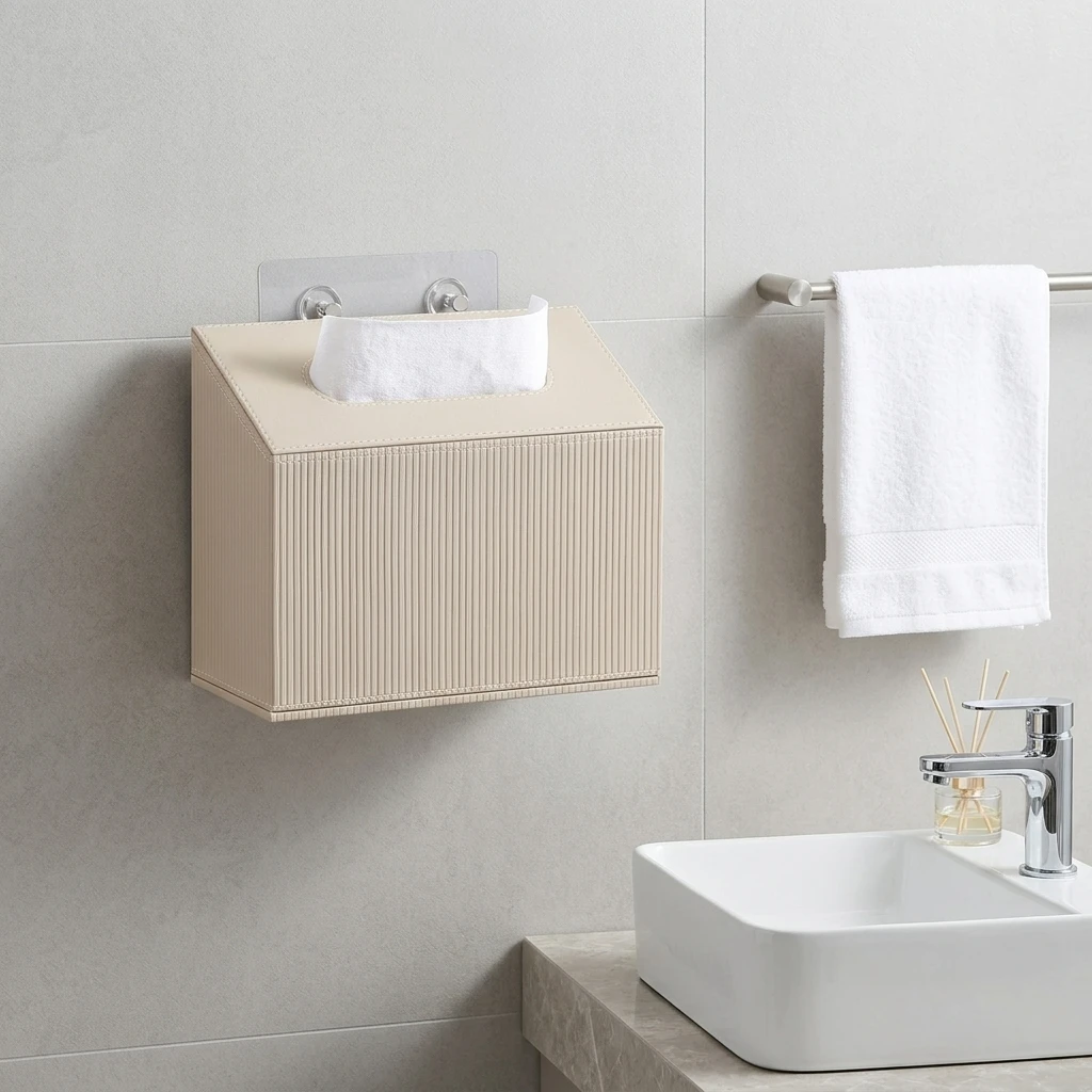 Wall Mounted PU Leather Toilet Paper Holder For Bathroom Waterproof Storage Box With Adhesive Tape